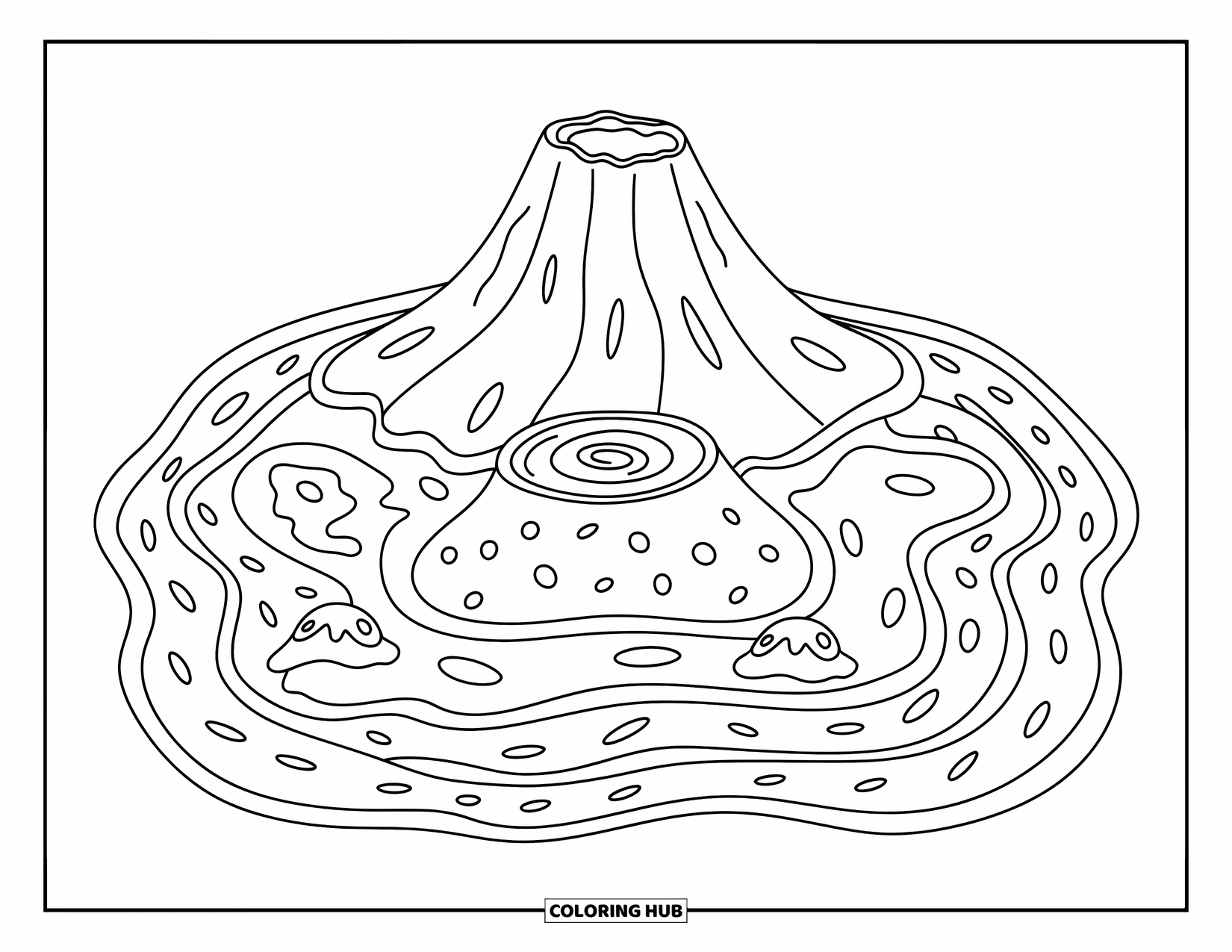 Island Coloring Page for Adults: Cute volcano island with swirly crater and curling rock paths
