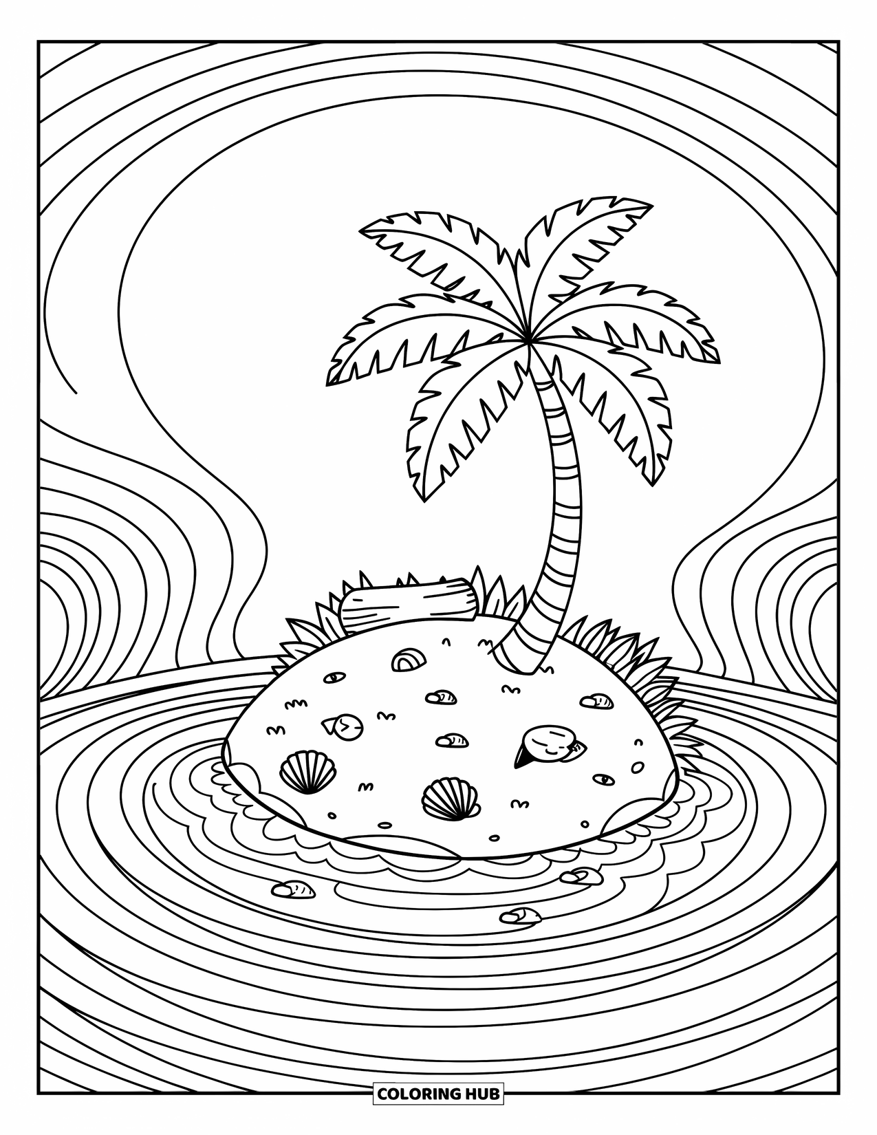 Island Coloring Page for Adults: Floating island with a tall palm, tiny shells, and ocean ripples