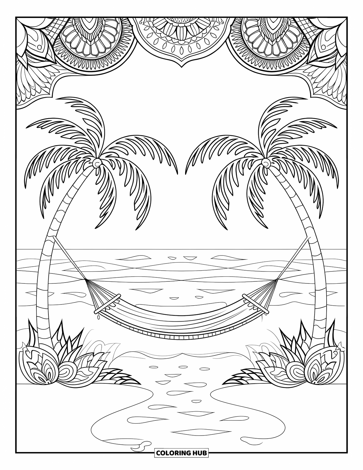 Island Coloring Page for Adults: Hammock between palms facing the sea, framed by a botanical mandala