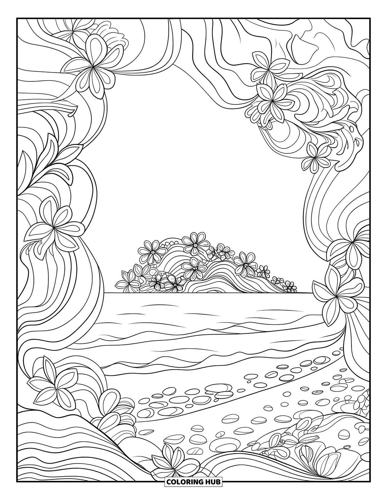 Island Coloring Page for Adults: Island cove scene with sea pebbles and decorative floral curves