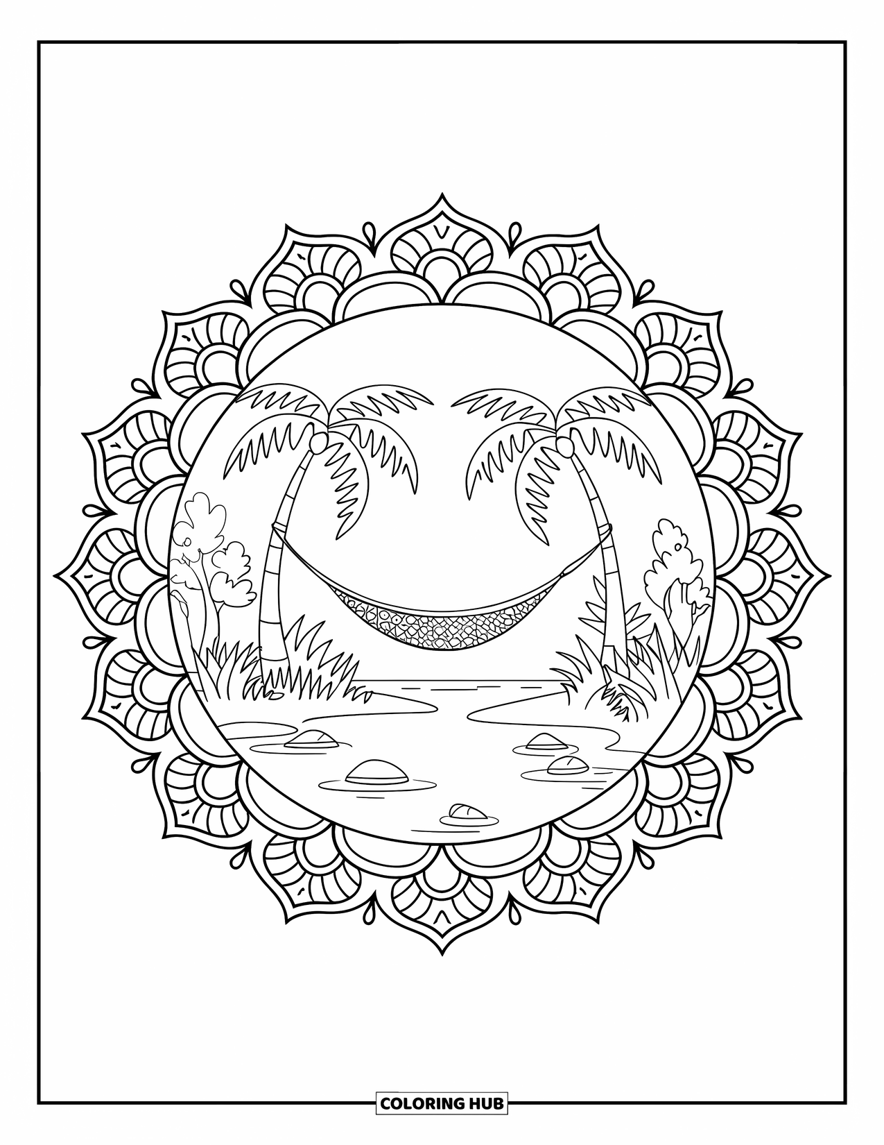 Island Coloring Page for Adults: Island hammock under two palms with a leafy floral mandala