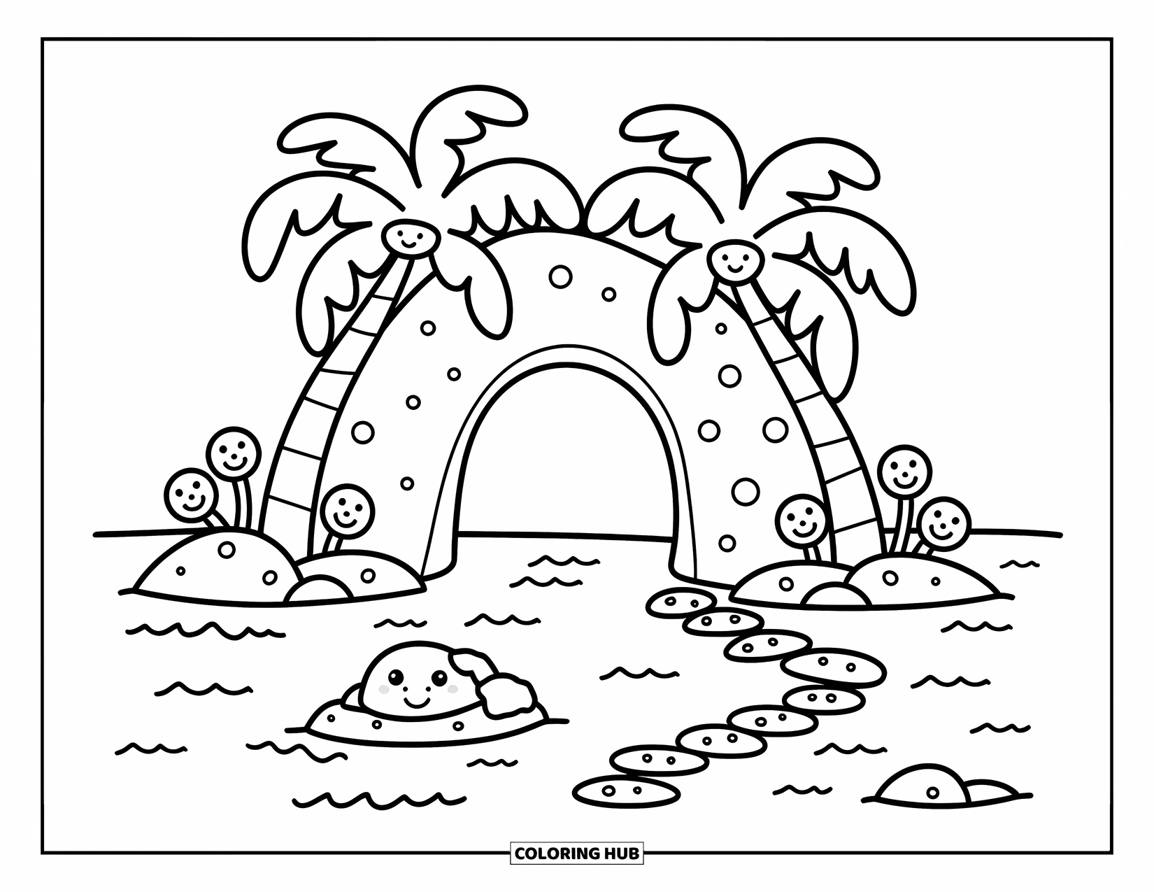 Island Coloring Page for Adults: Island with a rock arch, leaning palms, and cheerful pebbles