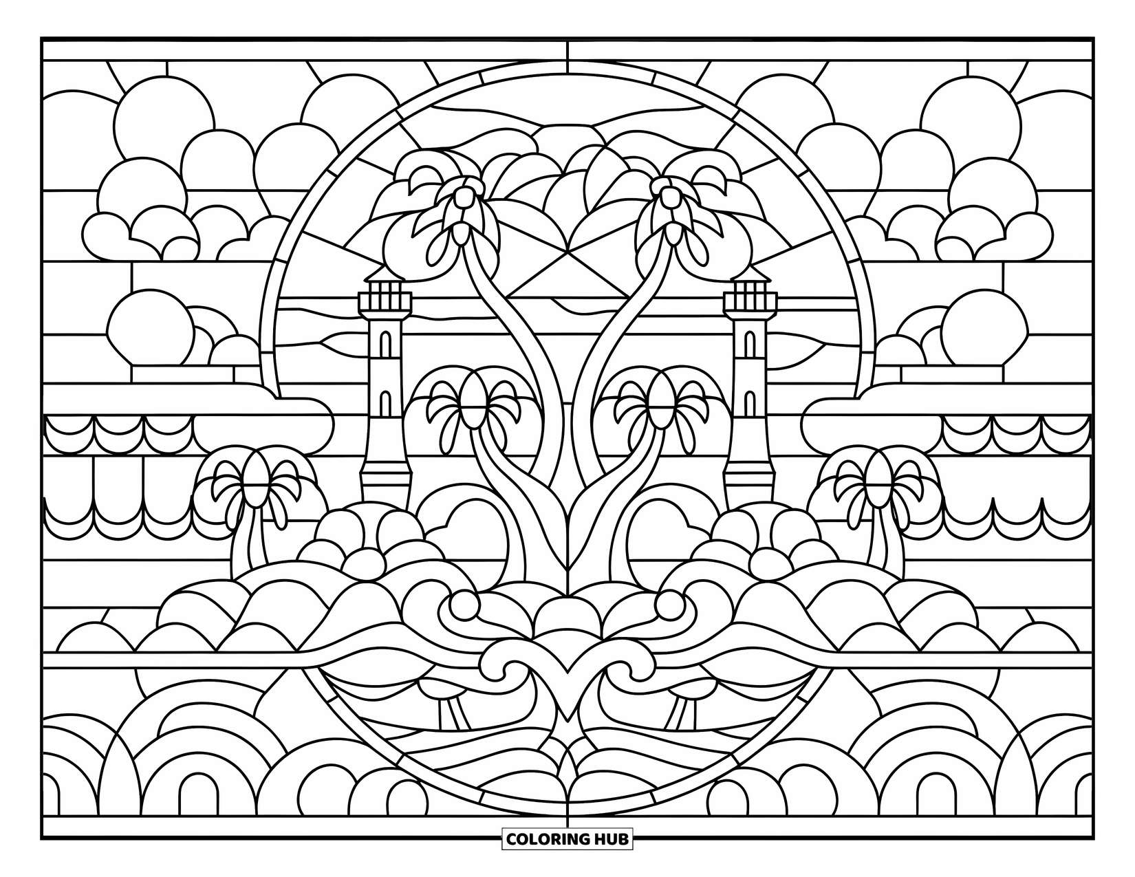 Island Coloring Page for Adults: Island with lighthouses and a large tree, bordered by stained glass waves