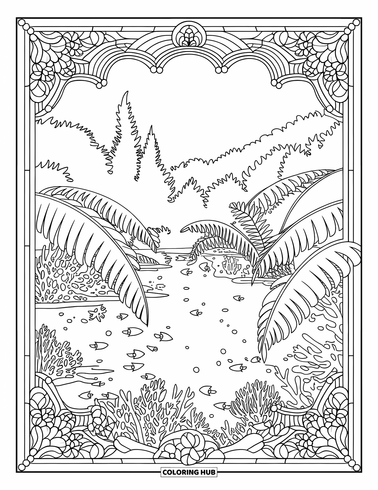 Island Coloring Page for Adults: Lagoon with fish, corals, and tropical leaves in detailed stained glass frame