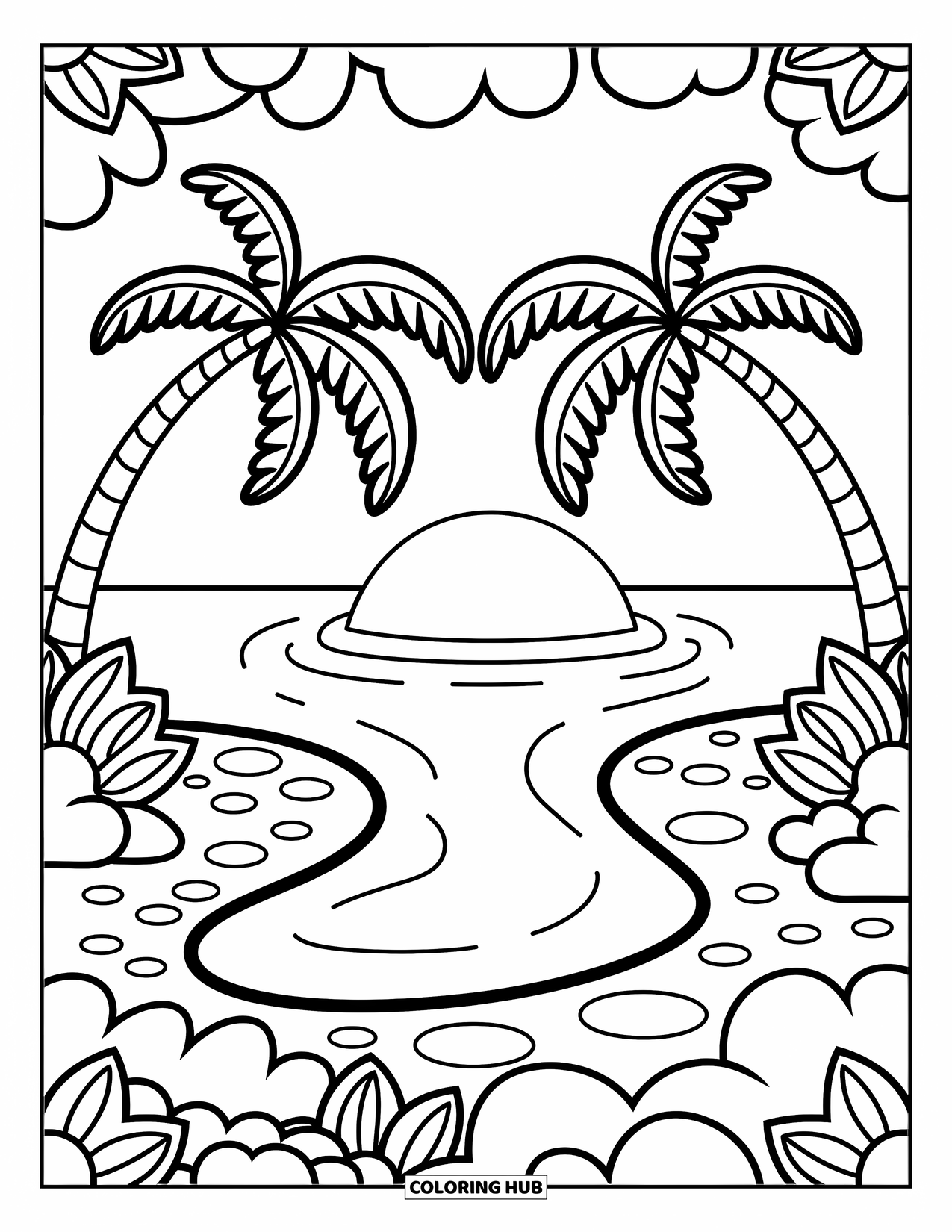 Island Coloring Page for Adults: Palm arch and cozy cove decorate a perfectly round ocean island