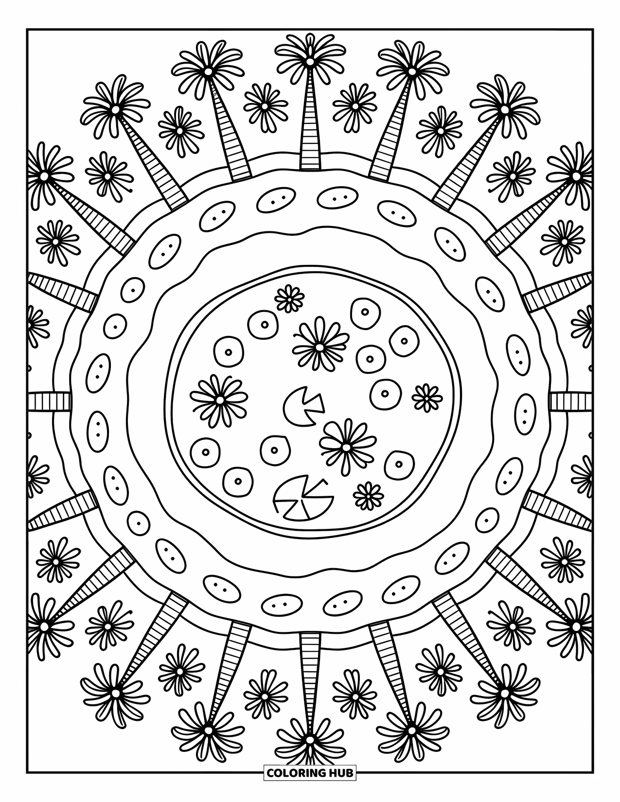 Island Coloring Page for Adults: Palm-lined island with central pond and cute pebble patches