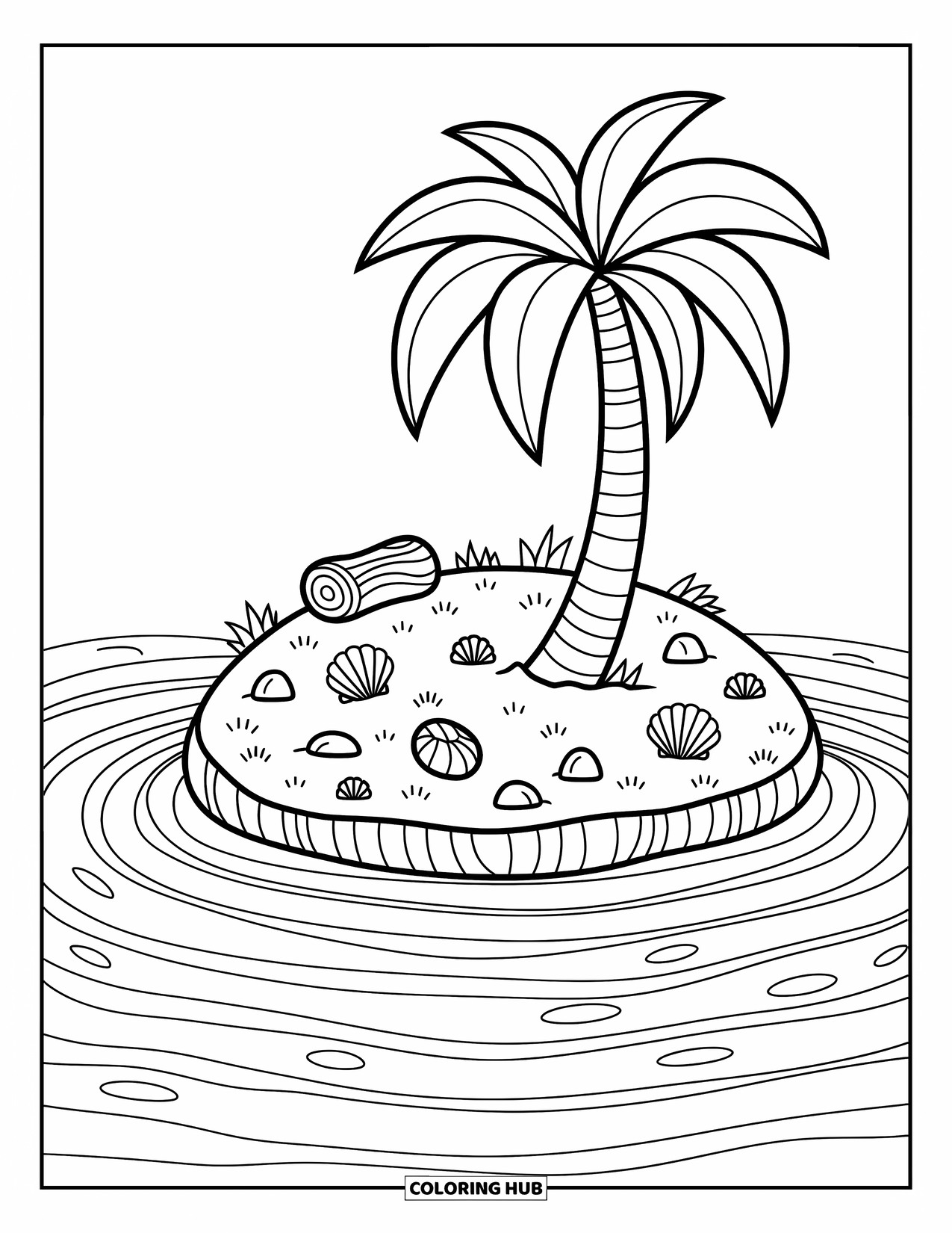 Island Coloring Page for Adults: Palm tree sways on a tiny island surrounded by soft wave rings