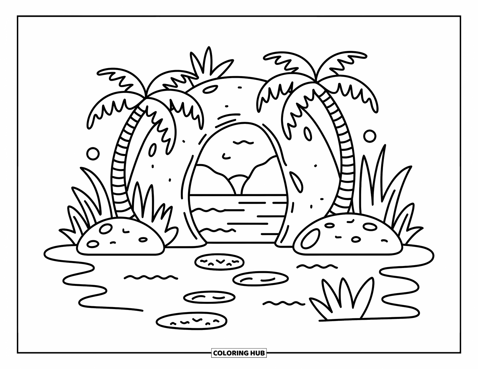 Island Coloring Page for Adults: Palm trees arch over a cozy rock window and playful pebbles