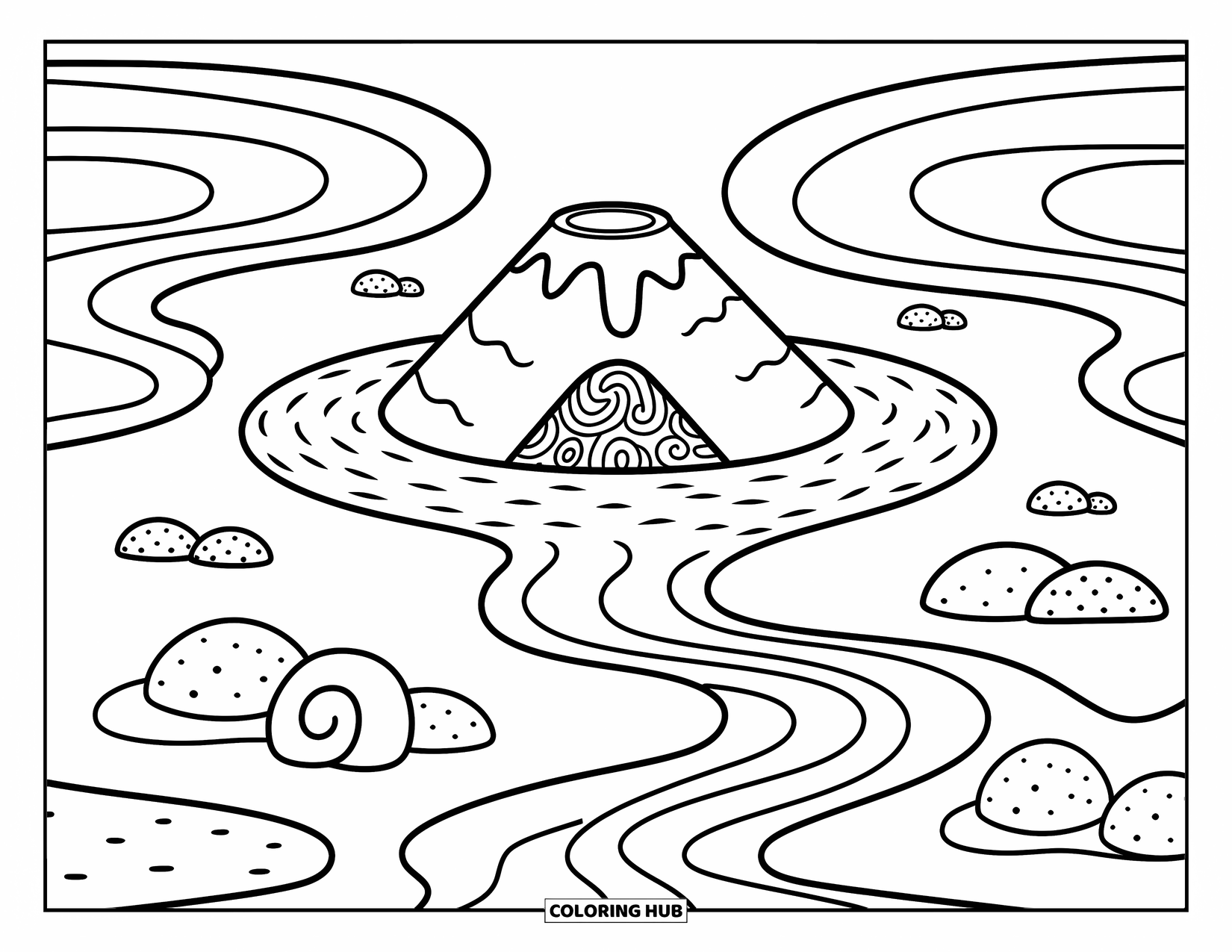 Island Coloring Page for Adults: Peaceful cone-shaped island with a swirly volcano and snail-like lava trails