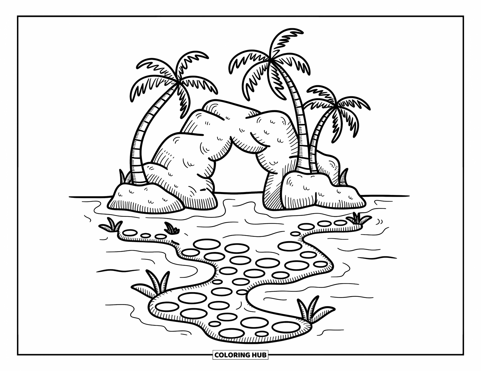 Island Coloring Page for Adults: Rock arch island with pebbles, swaying palms, and smiling plants