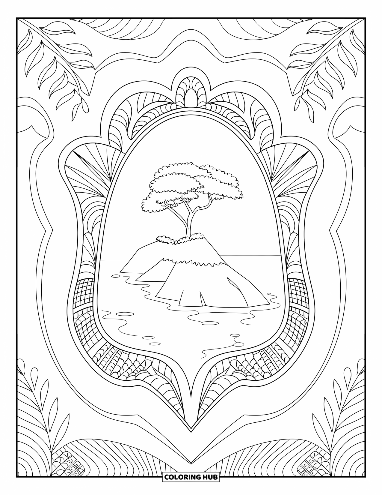 Island Coloring Page for Adults: Simple island tree scene framed with tropical patterns and bold outlines