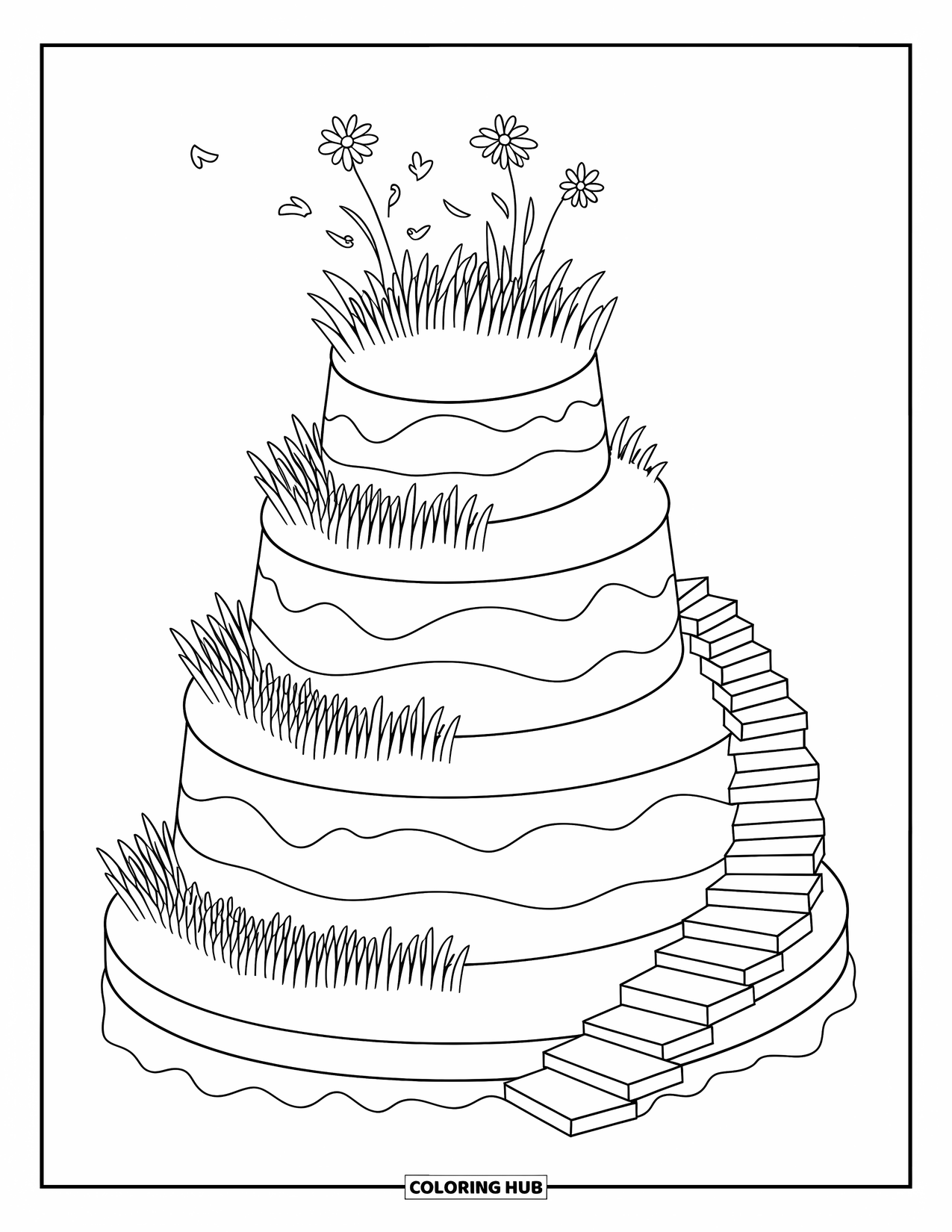 Island Coloring Page for Adults: Stone steps curl around a layered island topped with cute flowers