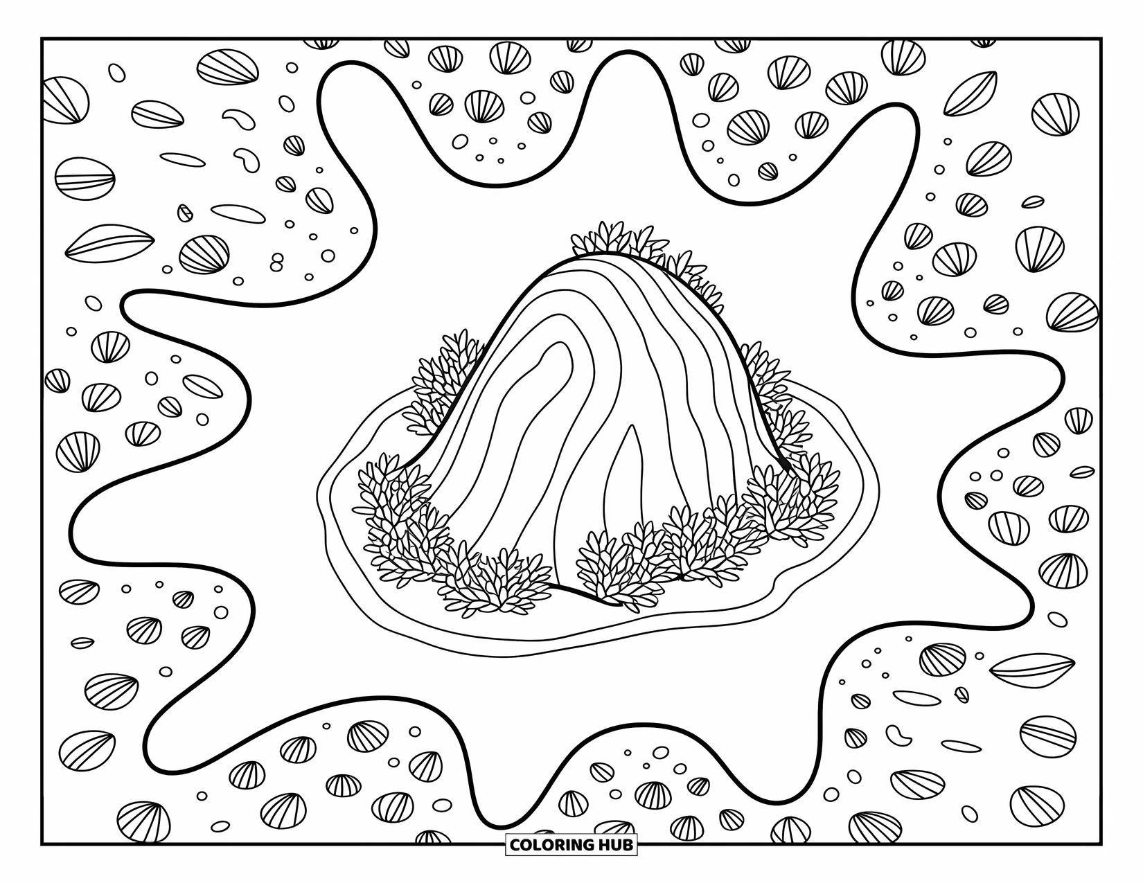 Island Coloring Page for Adults: Tide pools and leafy plants on a soft coral-bordered island