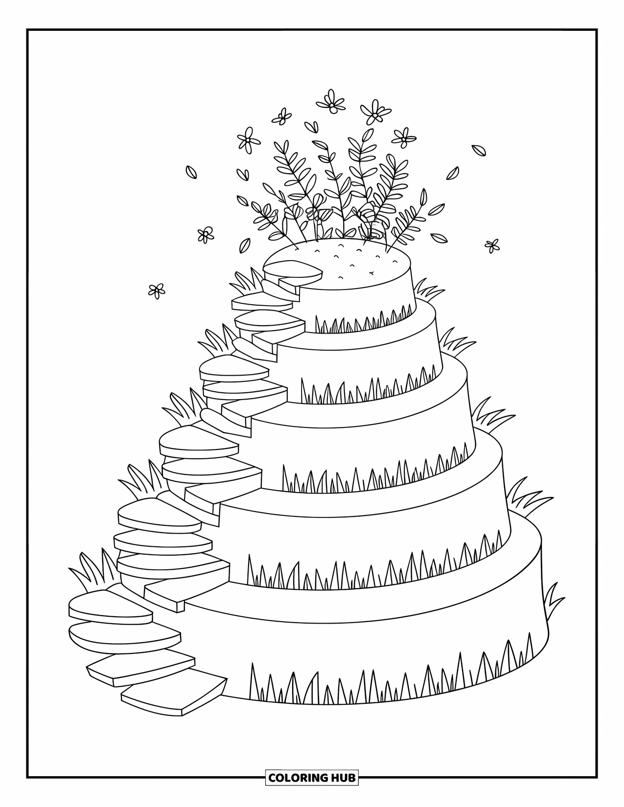 Island Coloring Page for Adults: Tiered island with grassy layers, top flowers, and a winding stone stair