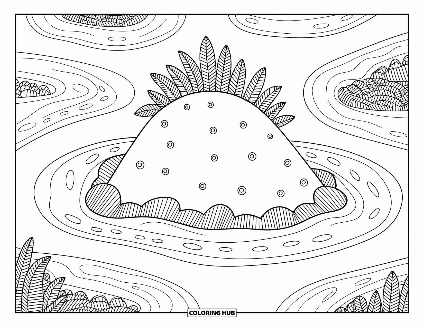 Island Coloring Page for Adults: Triangular island with coral borders, leafy mound, and swirly tide pools