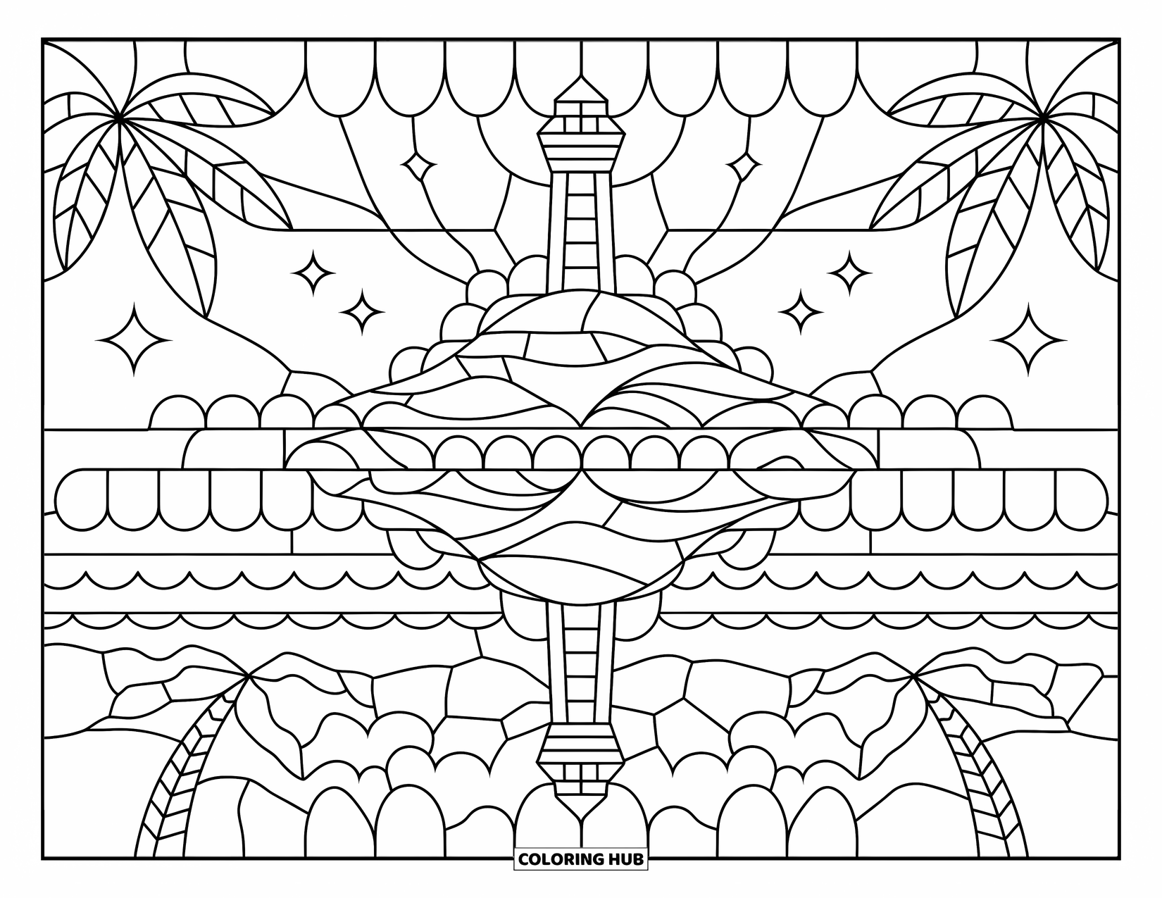 Island Coloring Page for Adults: Vintage-style island with palm trees, lighthouses, and wavy stained glass lines