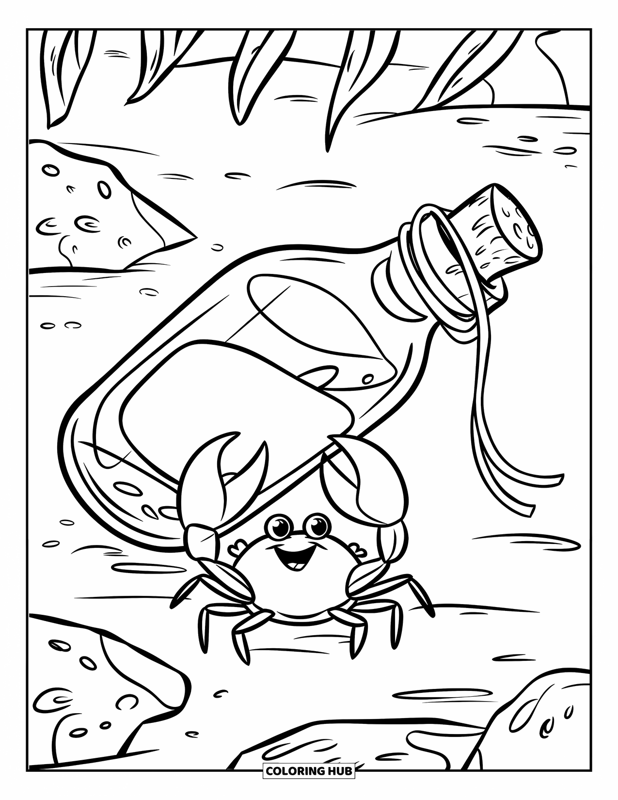 Island Coloring Page for Kids: Crab finds a message bottle on shore near rocks and seaweed