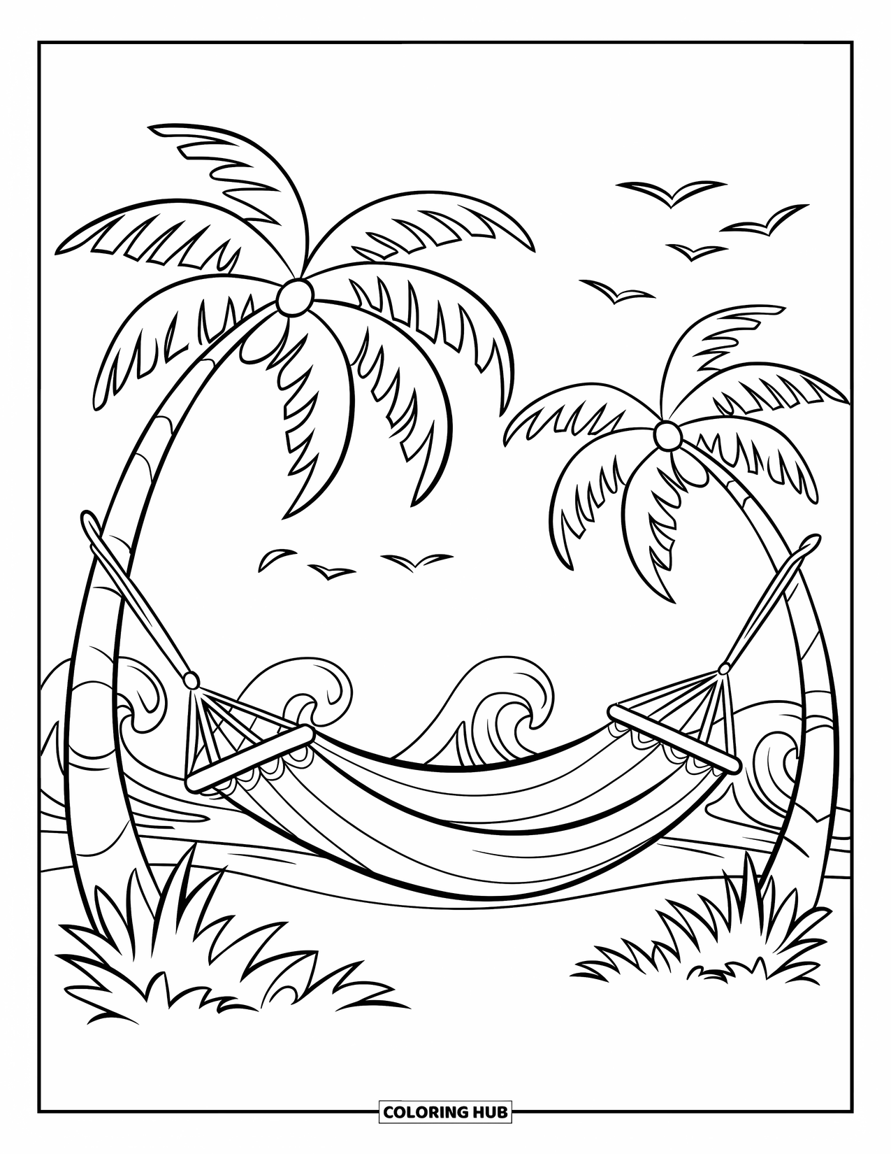 Island Coloring Page for Kids: Hammock swings between two palm trees with birds flying overhead