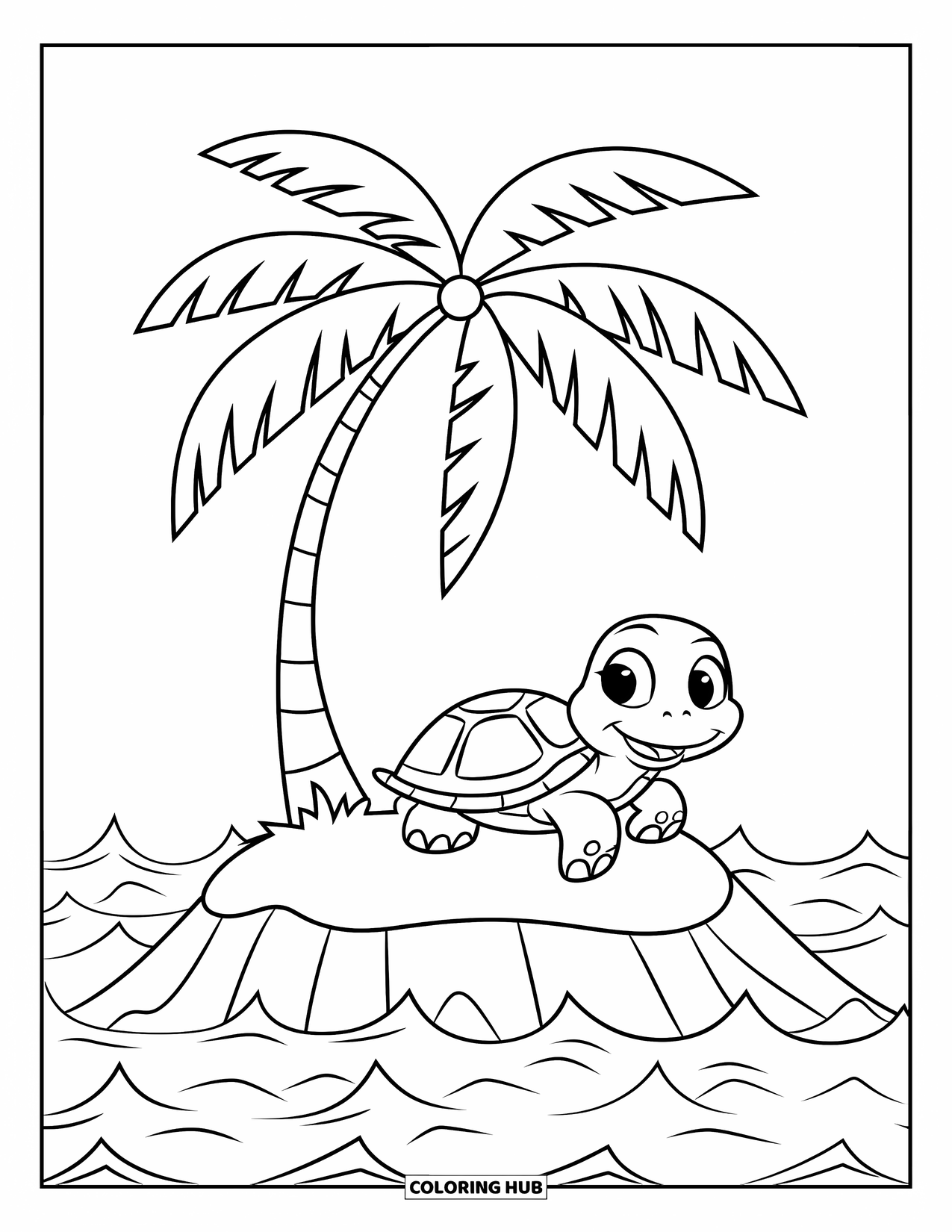 Island Coloring Page for Kids: Happy turtle naps beneath one palm on a peaceful little island