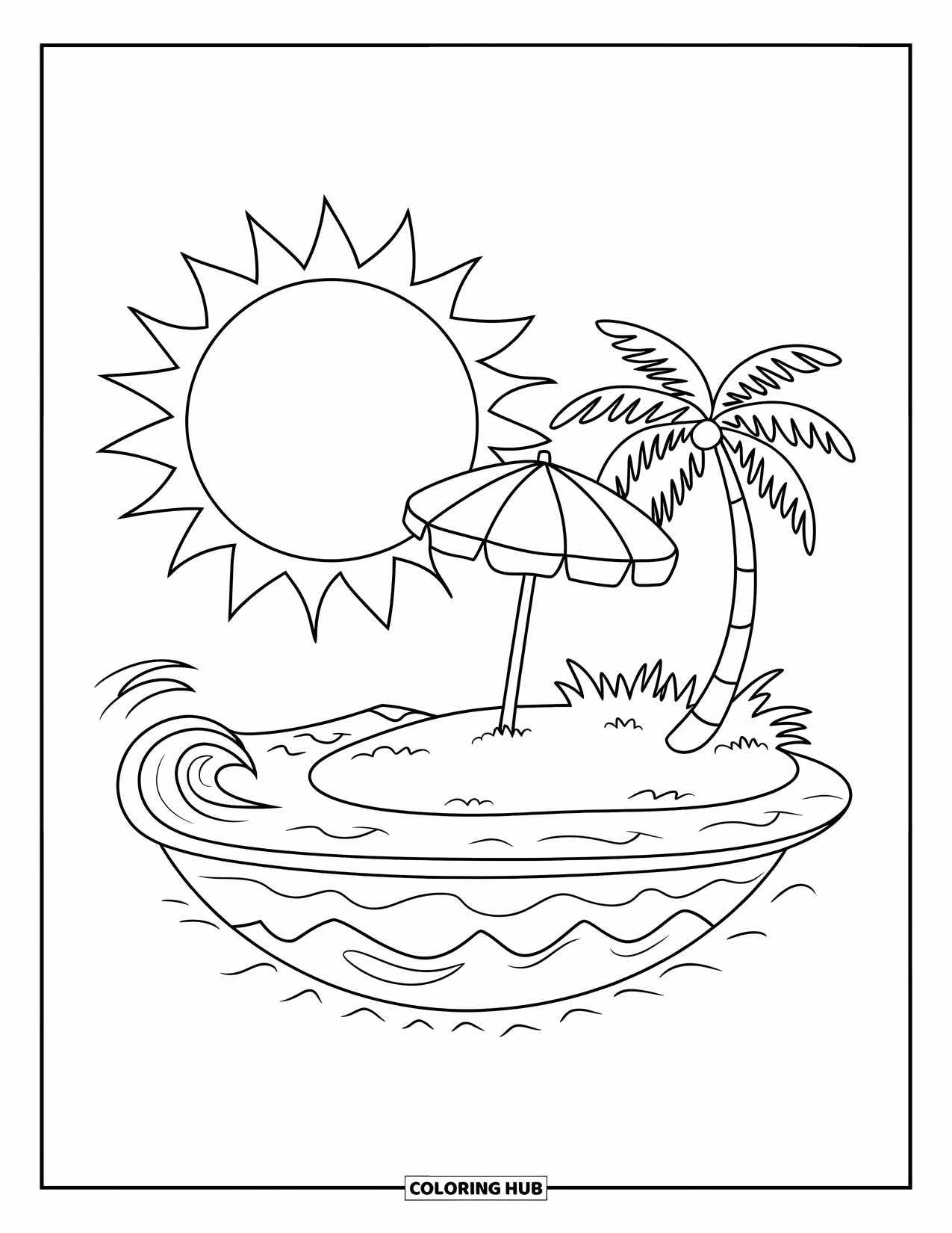 Island Coloring Page for Kids: Island with a big sun, one umbrella, and a single palm