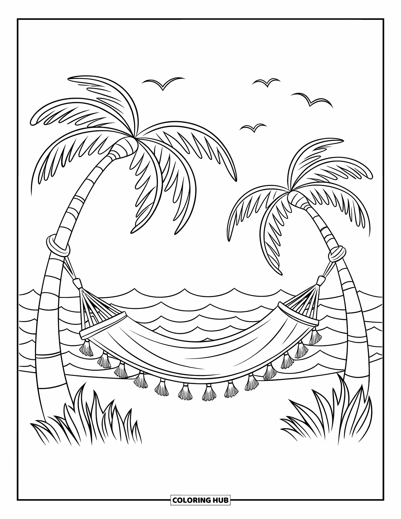Island Coloring Page for Kids: Palm trees hold a hammock above waves and birds in the sky