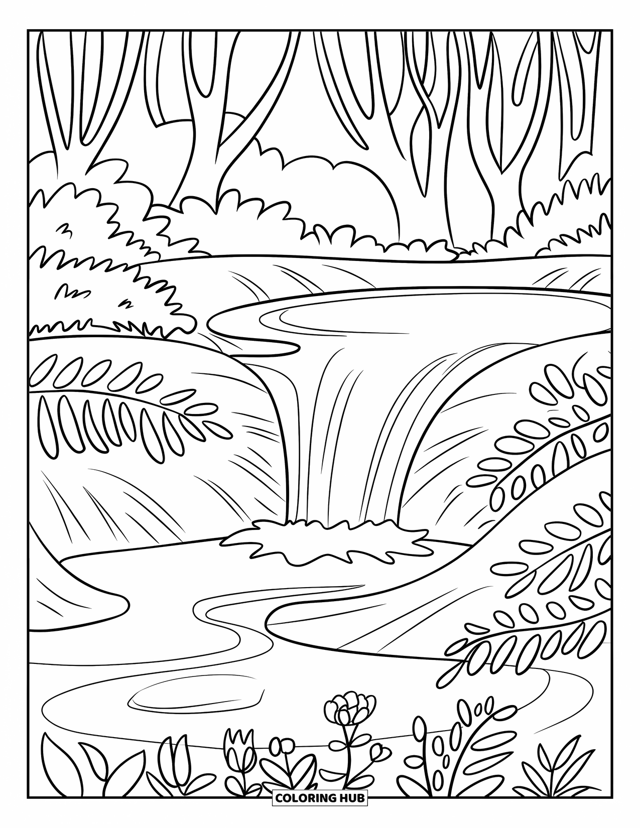 Island Coloring Page for Kids: Peaceful waterfall pours into a lagoon filled with tropical plants