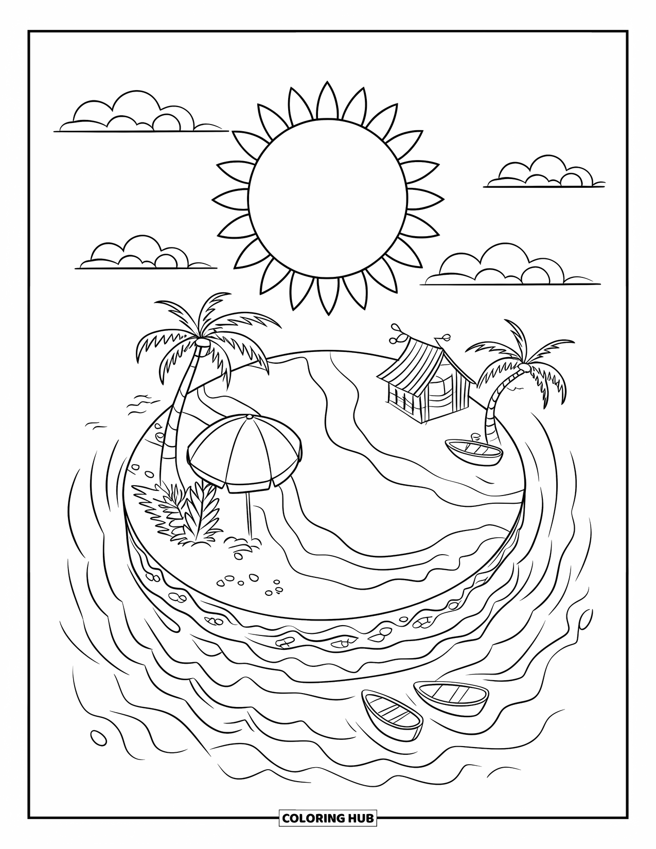 Island Coloring Page for Kids: Round island with a sun, palm trees, and a beach umbrella