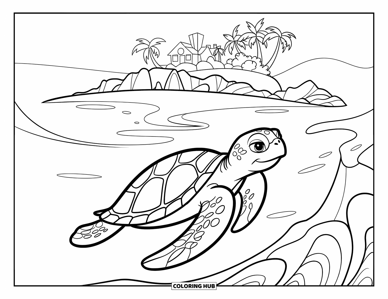 Island Coloring Page for Kids: Sea turtle glides toward a palm-lined cove with calm waves