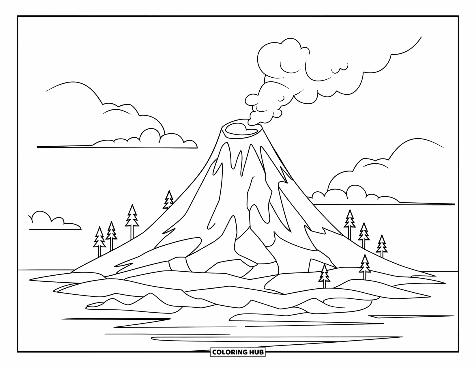 Island Coloring Page for Kids: Sleepy volcano on a green island surrounded by fluffy clouds