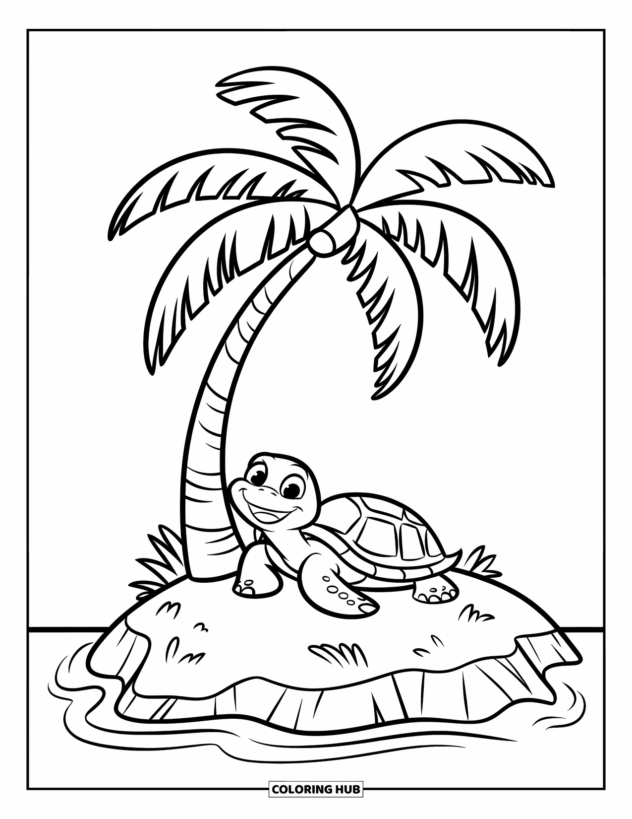 Island Coloring Page for Kids: Smiling turtle rests under a palm tree on a tiny island