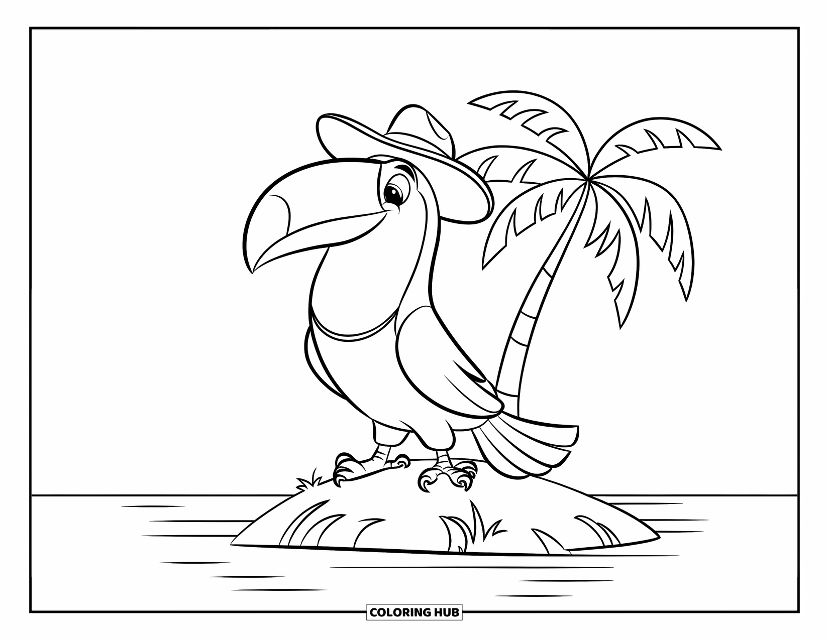 Island Coloring Page for Kids: Toucan in a hat stands happily on a quiet ocean island