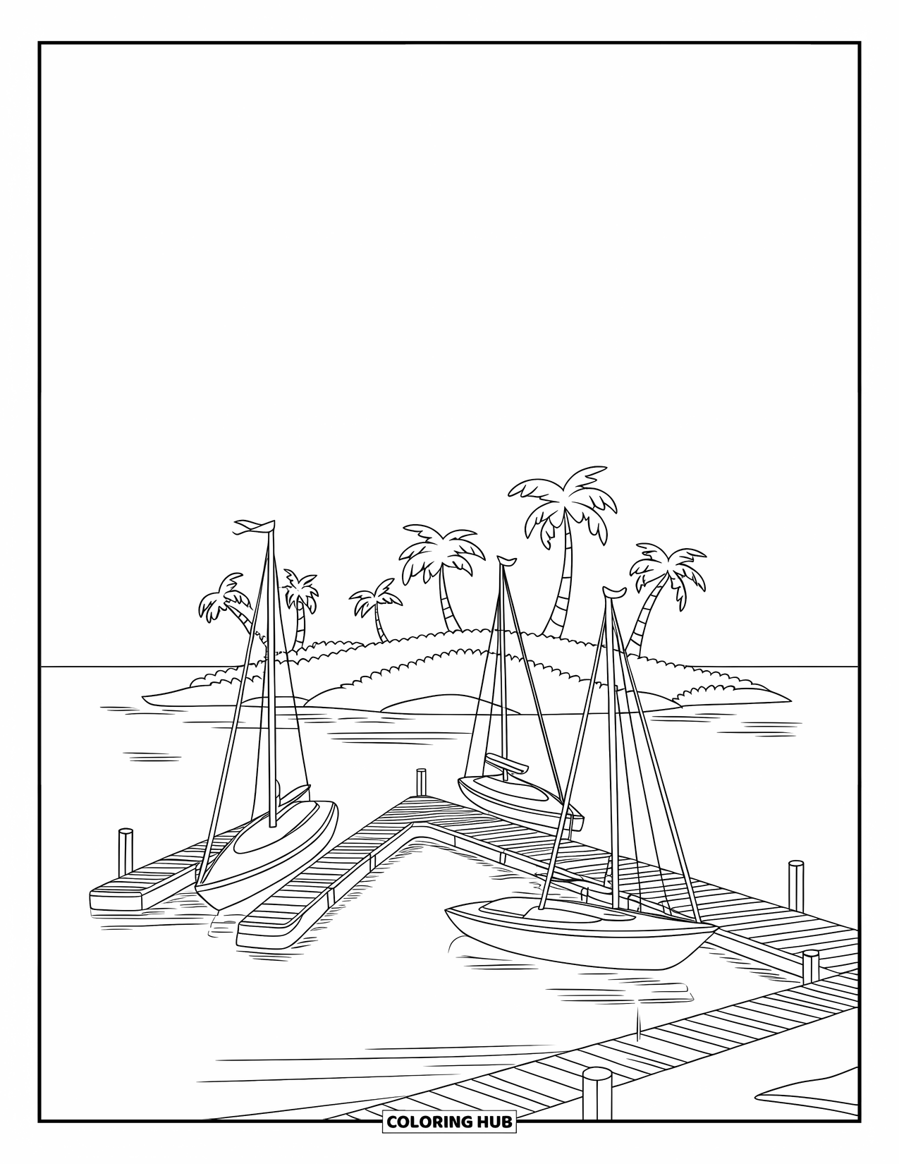 Island Coloring Page for Kids: Tropical harbor with anchored sailboats, floating docks, and calm water