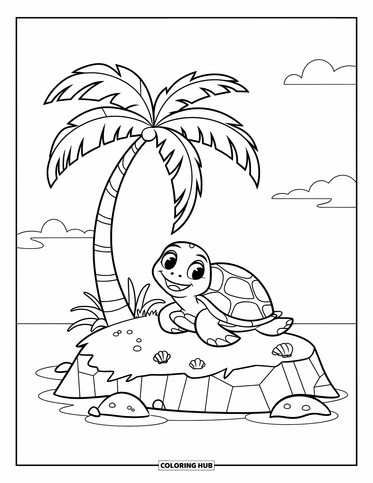 Island Coloring Page for Kids: Turtle with seashells on its shell rests near a tiny island hut