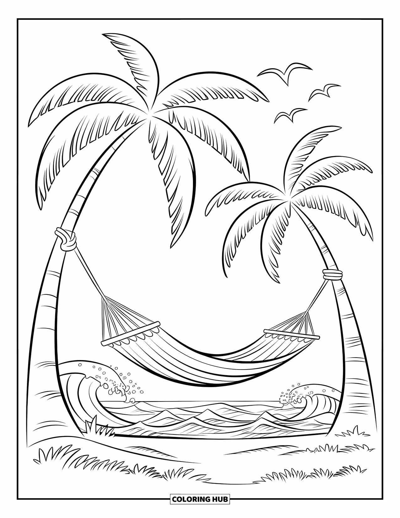 Island Coloring Page for Kids: Waves crash gently behind a hammock tied between tall palm trees