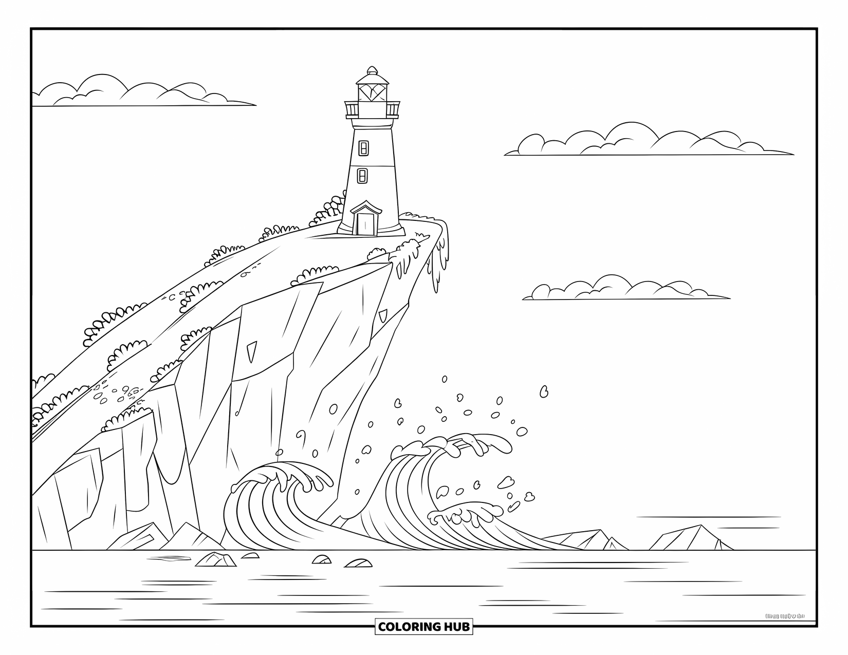 Island Coloring Page for Kids: Waves crash softly below a lighthouse on a rocky island cliff