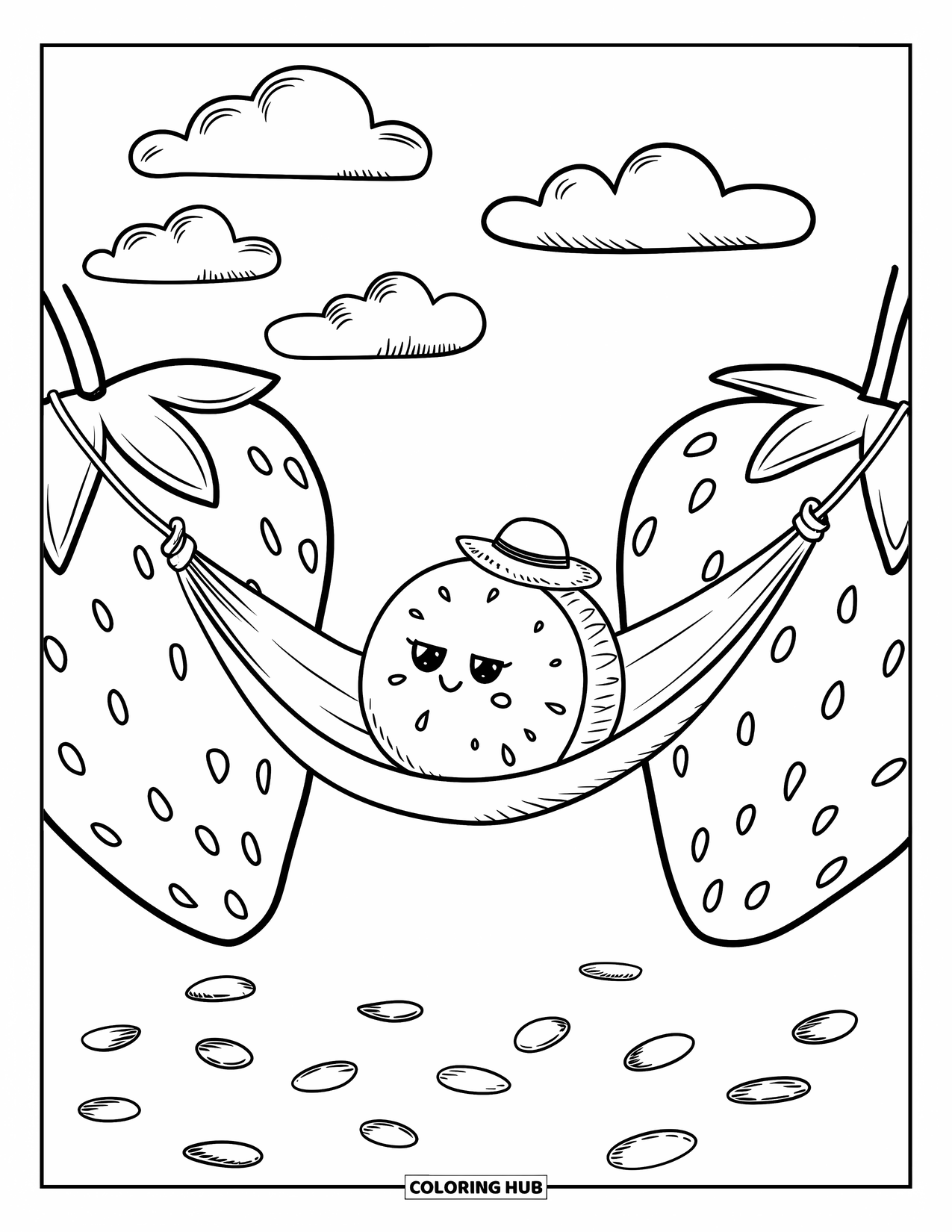 June Coloring Page for Adults: A cute watermelon with a hat relaxes between strawberries with clouds and petals nearby