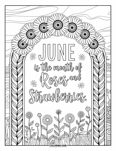 Junimålarbild för vuxna: Ett junicitattomgivet av solrosmandalar, löviga bågar och ängens vildblommor