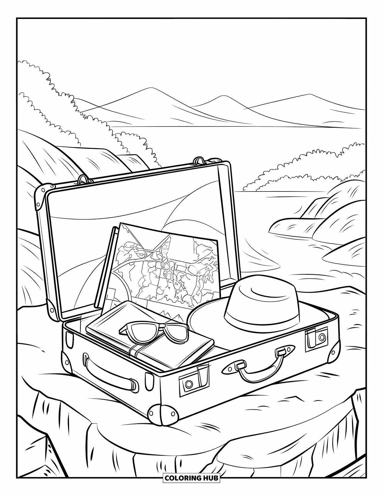 June Coloring Page for Adults: A packed suitcase on rocky ground with nature, mountains, and water in the distance