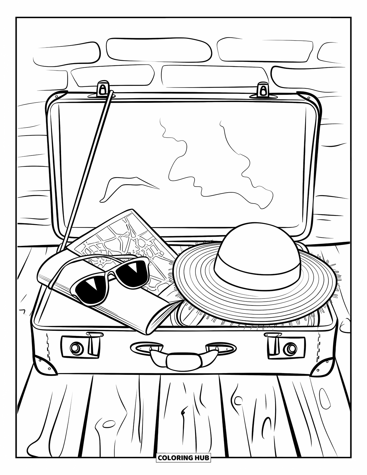 June Coloring Page for Adults: A travel suitcase with journal, map, sunglasses, and sunhat against a brick wall