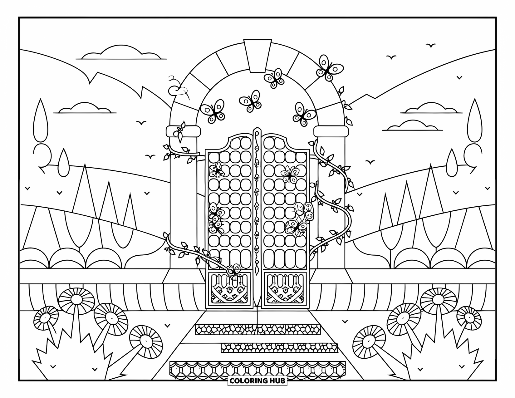 June Coloring Page for Adults: A vine-covered gate with butterflies and stepping stones leads to a peaceful scene