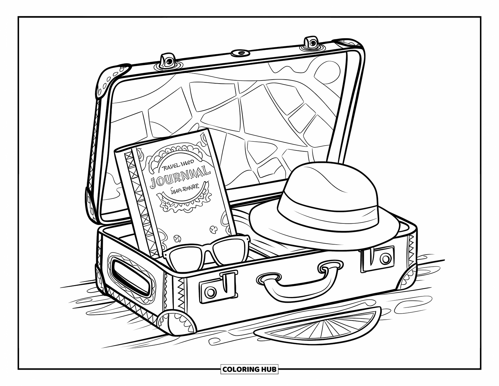 June Coloring Page for Adults: A vintage suitcase with journal, map, sunglasses, and sunhat sits on a wooden surface