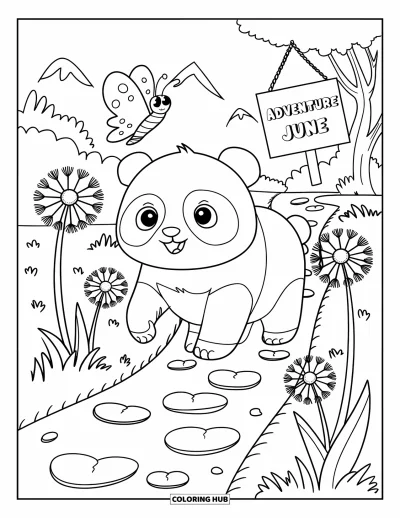 Junimålarbild för vuxna: Äventyrlig panda på en trädgårdsstig med blommor, hjärtstenar och en svävande skylt