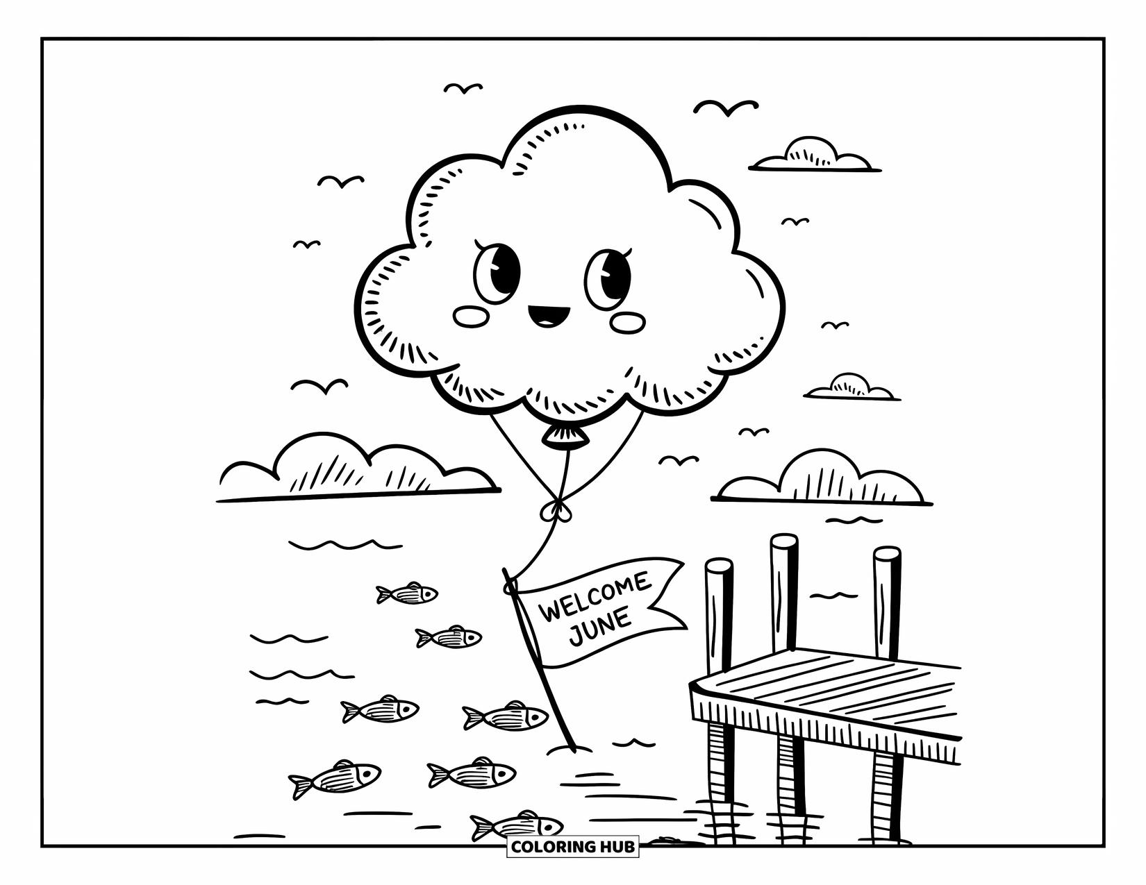 June Coloring Page for Adults: Cloud character floats above the dock with fish jumping below and a June flag