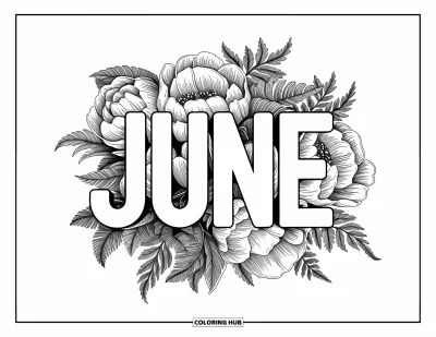 Junimålarbild för vuxna: Dekorativ "June"-text inlindad i detaljerade pion- och ormbunksbilder
