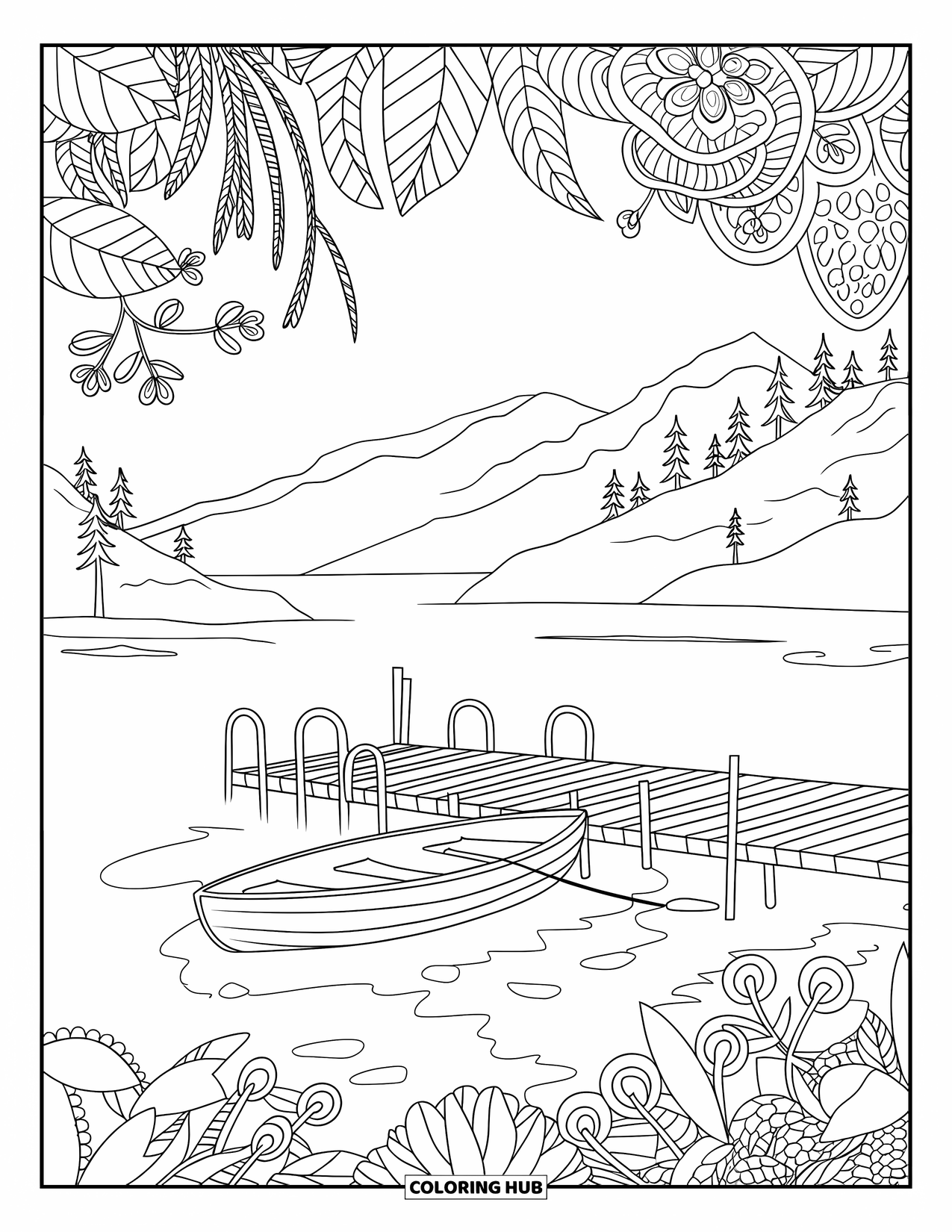 June Coloring Page for Adults: Dock and rowboat sit peacefully on a lake with patterned trees and a distant mountain