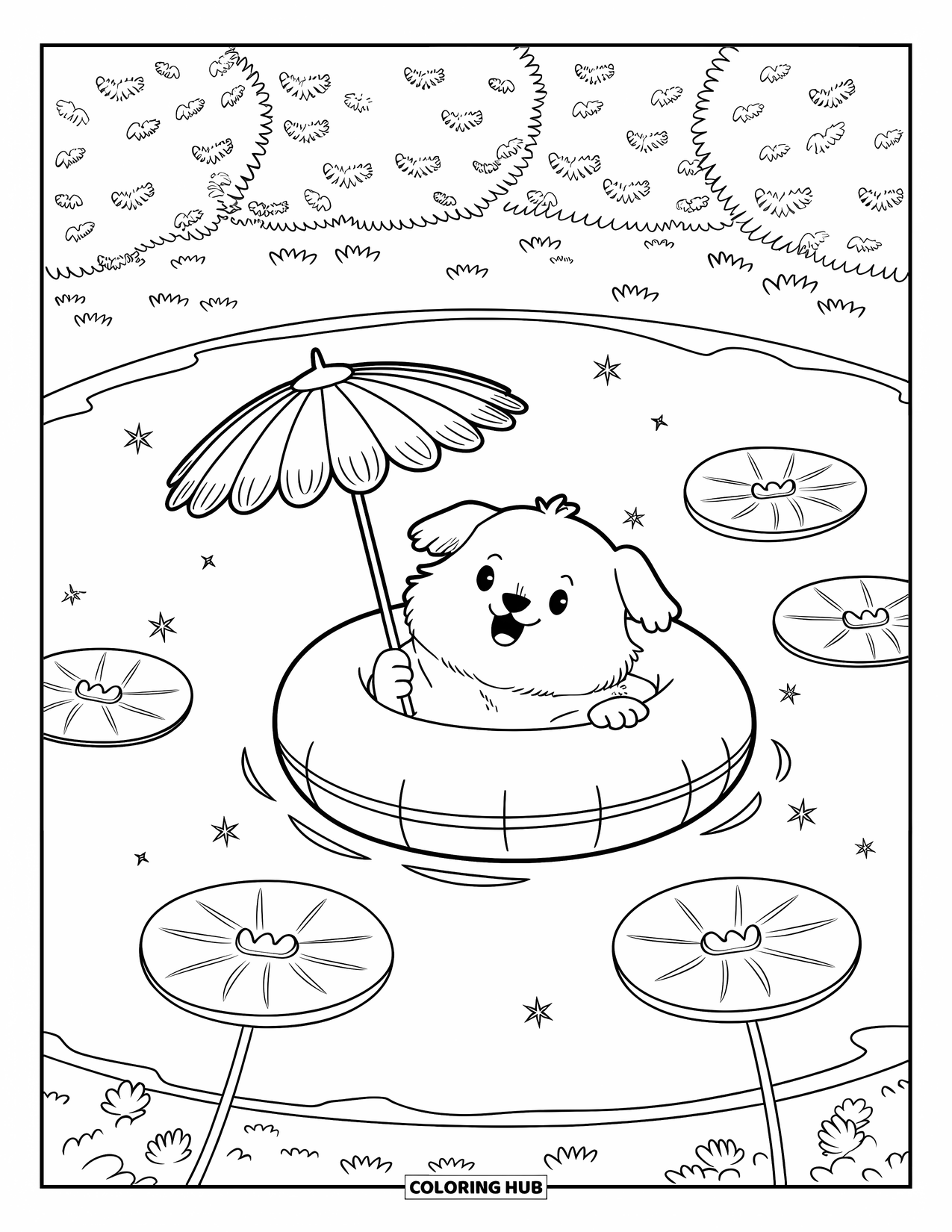 June Coloring Page for Adults: Floating pup with a daisy umbrella in a pond full of sparkles and heart lily pads