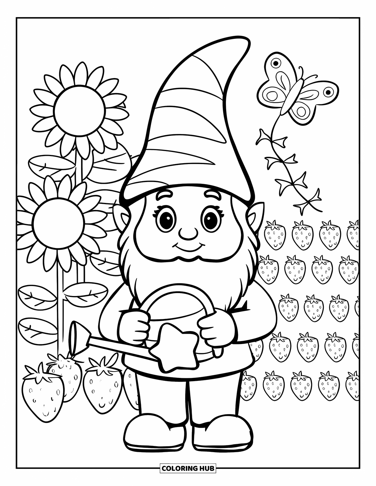 June Coloring Page for Adults: Garden gnome with a star can stands by sunflowers, strawberries, and a fluttering kite