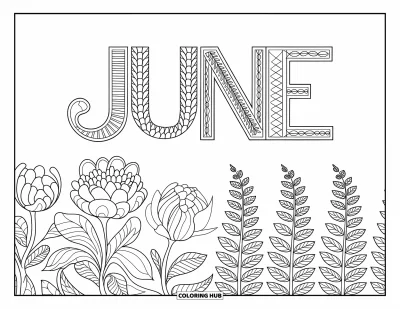 Junimålarbild för vuxna: "June"-text sitter ovanför blommande pioner och höga ormbunkar i en blommig layout