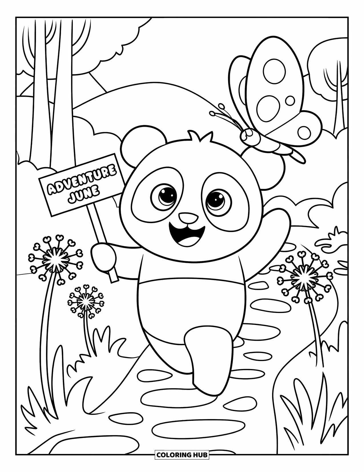 June Coloring Page for Adults: Panda walks a garden trail with heart pebbles, dandelions, and an ìAdventure Juneî sign