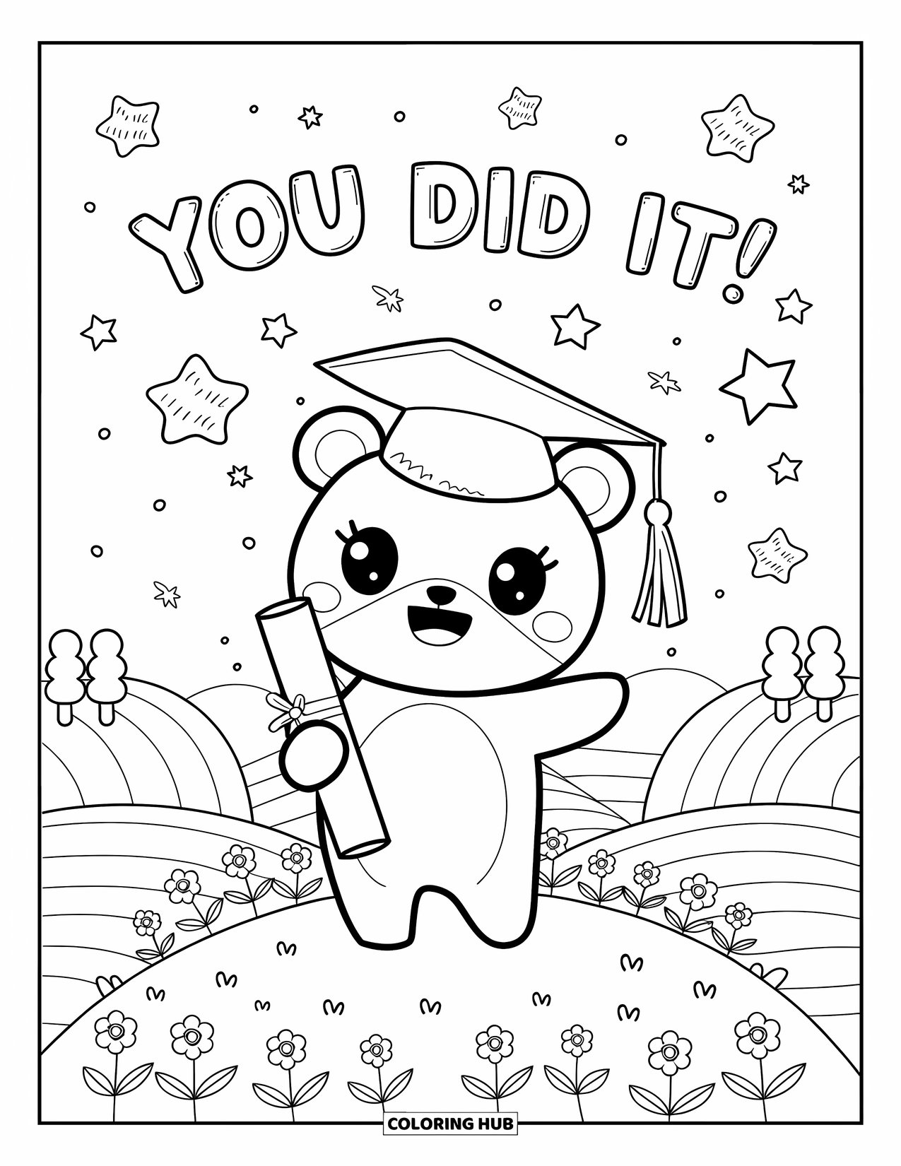 June Coloring Page for Adults: Proud bear graduate stands with balloons and stars on a peaceful, flowery hill